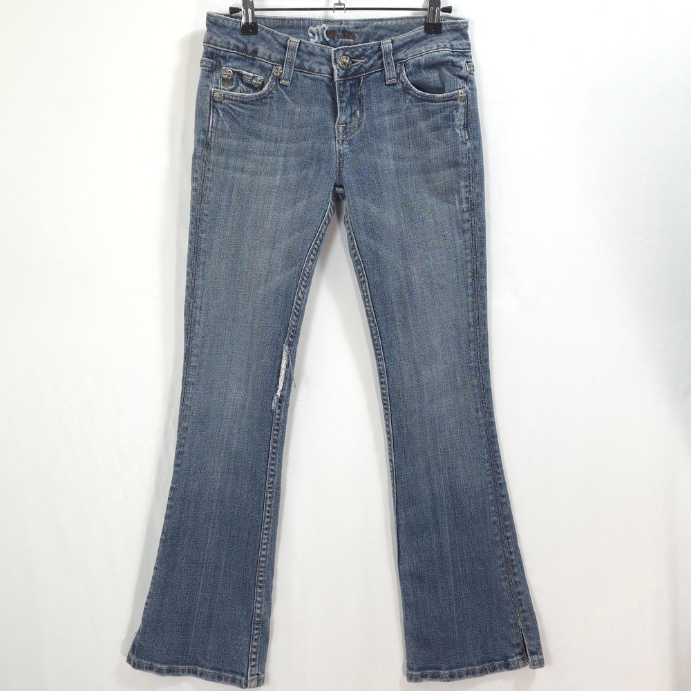 Miss Me Bootcut Jeans Women 26 Fleur De Lis Rhinestone Blue Y2K Western Distress